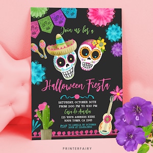 Bewerkbare Halloween Party & Dag van de Doden Uitnodiging: Dia de los Muertos, Kostuumfeest, Mexicaanse Fiesta - Direct downloaden