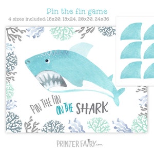 Pin The Fin Spiel, Hai-Geburtstagsfeier, 4 Größen inbegriffen, Hai Partydekorationen, Gesellschaftsspiel, Pin the Tail, DIGITAL, INSTANT DOWNLOAD