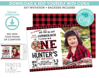 EDITABLE Lumberjack 1st Birthday Invitation with Photo, Forest Birthday Party, Woodland, Winter Invitation, EDIT YOURSELF with Corjl