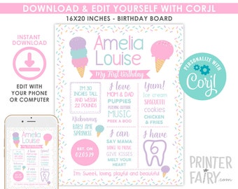 Ice Cream Birthday Board, EDITABLE, Ice Cream Birthday Sign, EDIT YOURSELF Digital Board, Any Age, Ice Cream Party, Instant Download