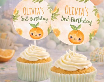 Sweet Orange Birthday Party Toppers, Editable Round Labels (Instant Download)