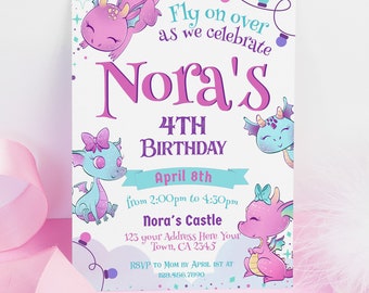 Dragon Birthday Party Invitation, Birthday Invitation, Girl Dragon Party Invites, Pink, Editable, Instant Download, Printable Template