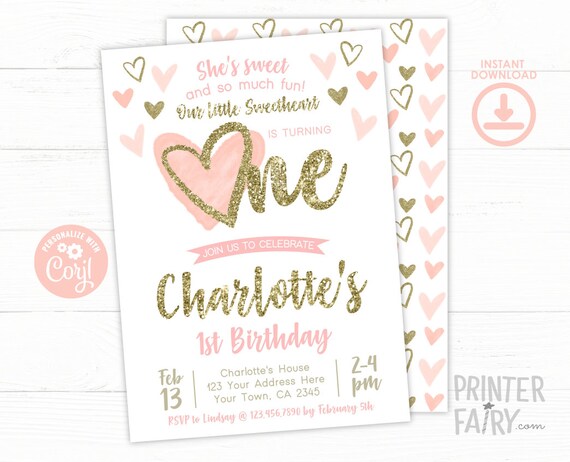 Little Sweetheart Invitation, Valentines Day 1st Birthday, EDITABLE Birthday Invitation, Girl First Birthday Invitation, INSTANT DOWNLOAD Il_570xn