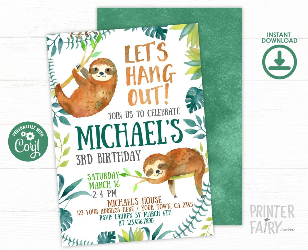Sloth Invitation, EDITABLE, Sloth Birthday Invitation, Bear Invitation ...