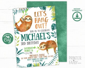 Sloth Invitation, EDITABLE, Sloth Birthday Invitation, Bear Invitation, Jungle Invitation, Boy Invitation, EDIT YOURSELF Digital Invite