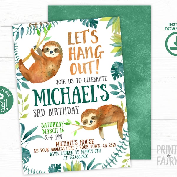 Sloth Invitation, EDITABLE, Sloth Birthday Invitation, Bear Invitation, Jungle Invitation, Boy Invitation, EDIT YOURSELF Digital Invite