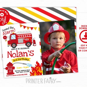 Firefighter Invitation with photo, EDITABLE Fire fighter Birthday Party, Fireman Invitation, Firetruck Birthday Invitation, INSTANT DOWNLOAD