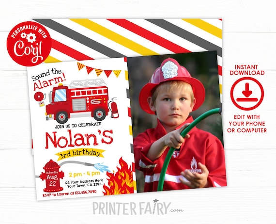 Firefighter Invitation with photo, EDITABLE Fire fighter Birthday Party, Fireman Invitation, Firetruck Birthday Invitation, INSTANT DOWNLOAD Il_570xn