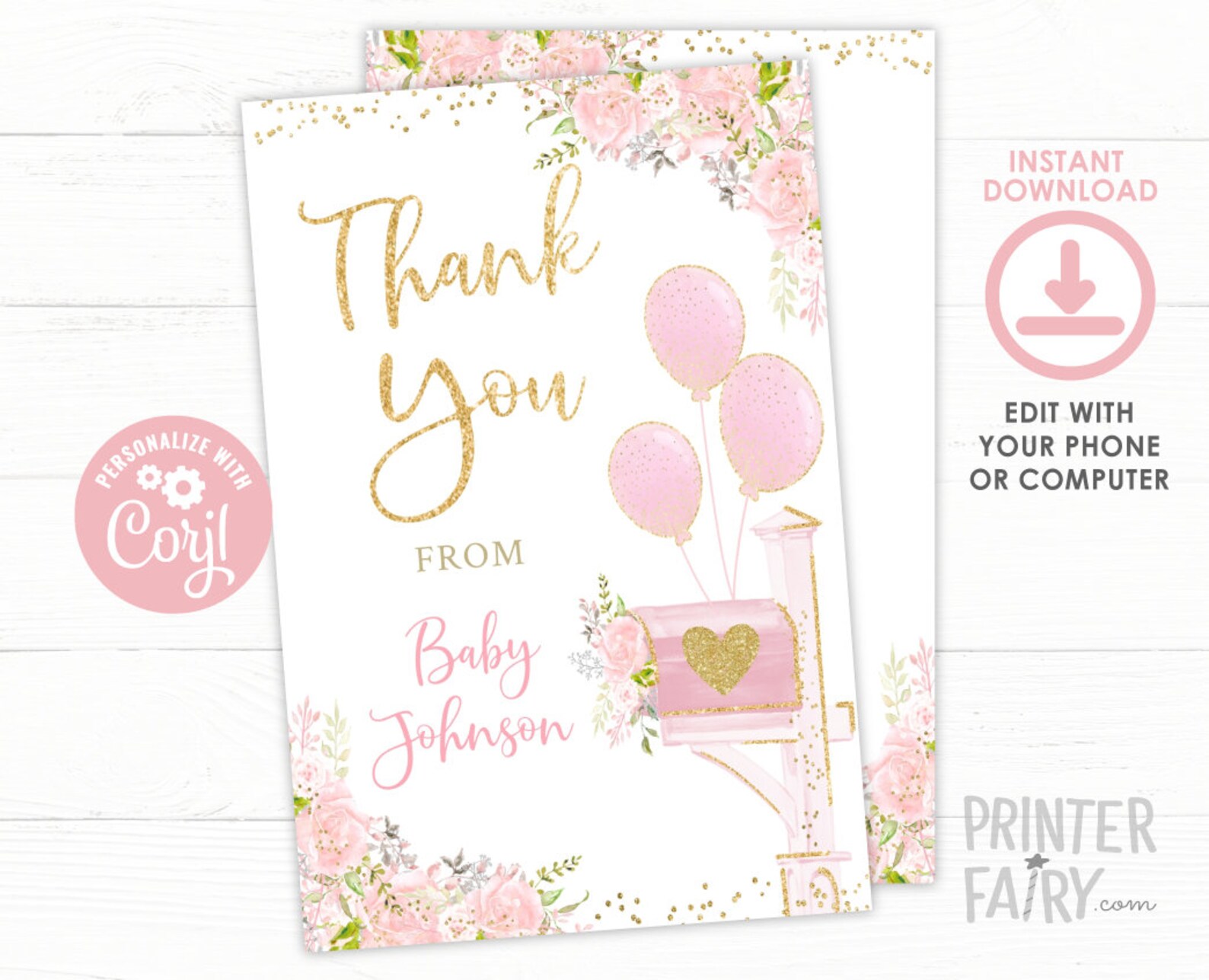 Baby Shower by Mail Thank You Cards EDITABLE Floral Baby Etsy