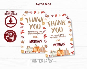 Pumpkin Patch Favor Tags, EDITABLE, Fall Thank You Tags, Little Pumpkin Birthday Party, Gift Tags, DIGITAL, Instant Download