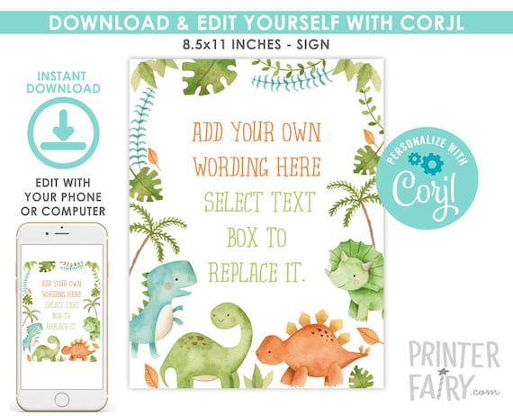 Dinosaur Sign, EDITABLE, Dinosaur Birthday Party, Dinosaur Birthday Decorations, Create your own sign, INSTANT DOWNLOAD Il_570xn