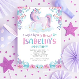 Unicorn Birthday Invitation Editable Template, Magical Birthday Party, Floral Unicorn Party Invite, Instant Download
