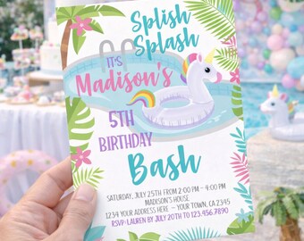 Unicorn Pool Party Invitation EDITABLE Template, INSTANT DOWNLOAD