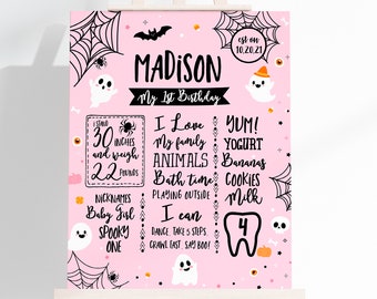 Spooky One Milestones Board, EDITABLE Halloween 1st Birthday Board, Pink Halloween, Ghost Birthday, Spooky Party, INSTANT DOWNLOAD ghp1