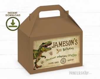 Dinosaur Birthday Party Gable Box, EDITABLE, T-rex Birthday, Dinosaur Party, Box Label, gable box sticker, Favor Box, INSTANT DOWNLOAD