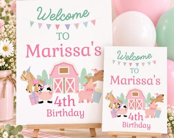 May include: Two white rectangular signs on wooden easels featuring the text Welcome TO Marissa's 4th Birthday. The design includes a pink barn, a horse, a cow, a pig, and a dog, all wearing party hats, with pastel bunting above.