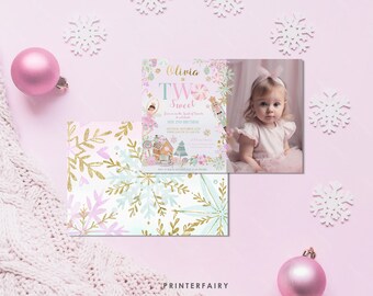 Nutcracker 2nd Birthday Invitation with Photo - Two Sweet Editable Digital Winter Wonderland Party Invite, Instant Download