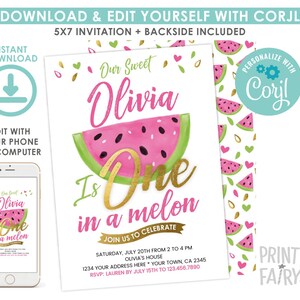 Plantilla editable de invitación de primer cumpleaños "One in a Melon" (Descarga instantánea) imagen 3
