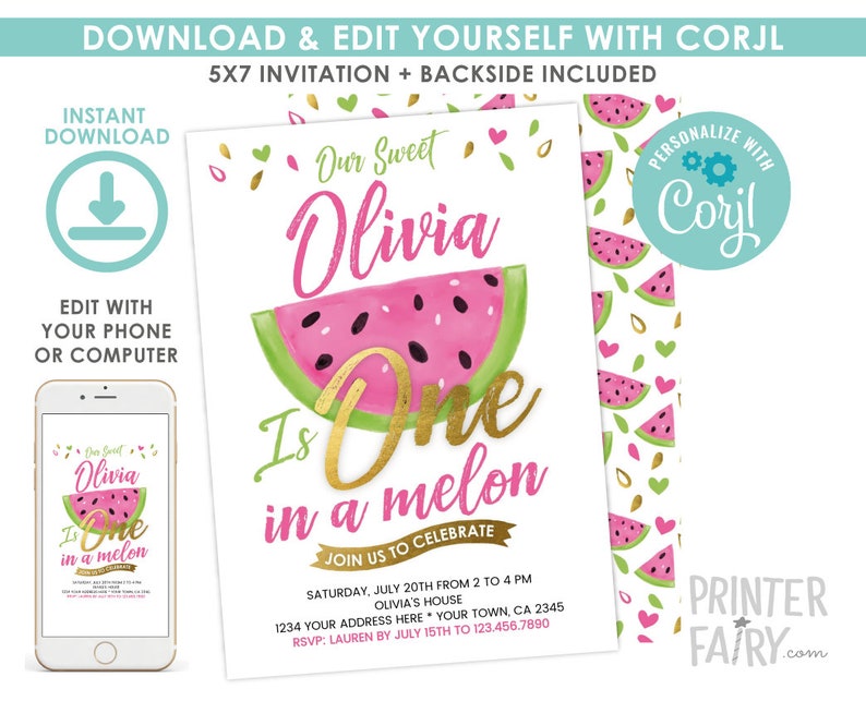 Plantilla editable de invitación de primer cumpleaños "One in a Melon" (Descarga instantánea) imagen 3