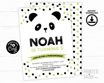 Panda Birthday Invitation, Editable Panda Invitation, Panda Birthday Party, Pandamonium Invitation, INSTANT DOWNLOAD