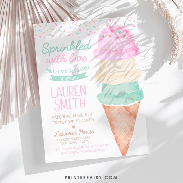 Ice Cream Baby Shower Invitation, Sprinkled with Love, Ice Cream Cone Watercolor Invitation, Girl Baby Shower, Pink Ice Cream Baby Shower
