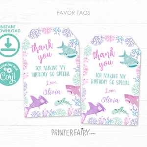 Shark Favor Tags, EDITABLE, Shark Girl Birthday Party, Under the Sea Birthday Decorations, Printable Thank You Tags, INSTANT DOWNLOAD