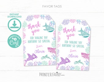 Shark Favor Tags, EDITABLE, Shark Girl Birthday Party, Under the Sea Birthday Decorations, Printable Thank You Tags, INSTANT DOWNLOAD