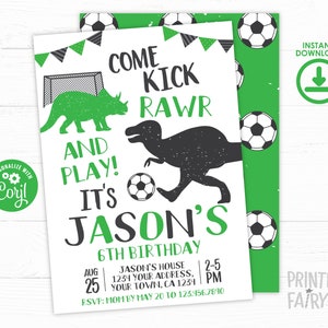Dinosaur and Soccer Birthday Invitation, Soccer Birthday, Sports Birthday Party, Dinosaur Birthday, Personalized Printable DIGITAL Invite image 1