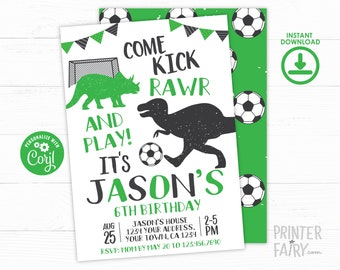 Dinosaur and Soccer Birthday Invitation, Soccer Birthday, Sports Birthday Party, Dinosaur Birthday, Personalized Printable DIGITAL Invite