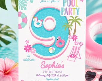 Girl Pool Party 9th Birthday Invitation Editable Pink Unicorn Flamingo Design, INSTANT DOWNLOAD