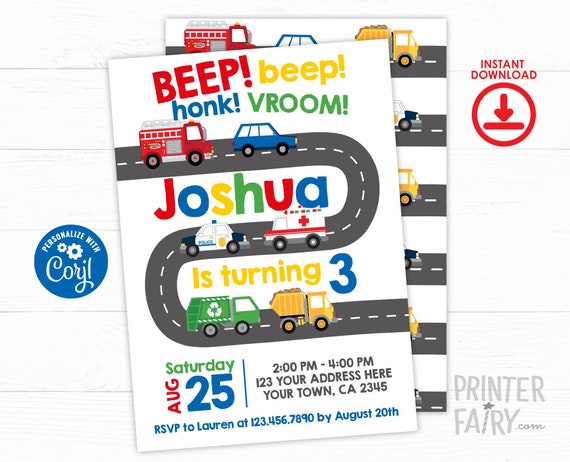 EDITABLE, Transportation Birthday Invitation, Firetruck, Police Invitation, Truck Invitations, City Birthday Party, INSTANT DOWNLOAD Il_570xn