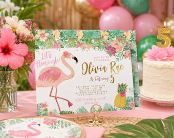 May include: A tropical-themed invitation featuring a pink flamingo illustration, floral accents, and the text "Let's Flamingle!" The invitation is for Olivia Rae's 5th birthday, with event details. A cake with a number 5 candle and a flamingo plate are also visible.