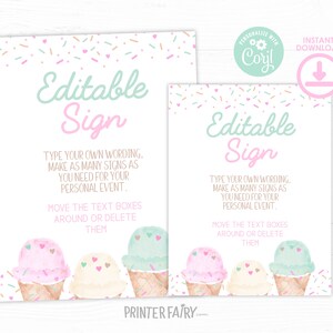 Ice Cream Baby Shower Editable Sign, Baby Sprinkle Sign, Ice Cream Cone Watercolor Invitation, Girls Baby Shower, Pink Ice Cream Baby Shower