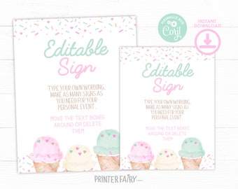 Ice Cream Baby Shower Editable Sign, Baby Sprinkle Sign, Ice Cream Cone Watercolor Invitation, Girls Baby Shower, Pink Ice Cream Baby Shower