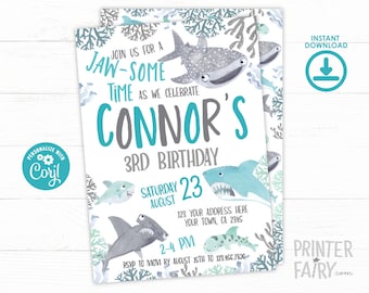 Shark Birthday Invitation, EDITABLE, Under the sea Invitation, Fintastic Invitation, Jawsome Birthday Invitation, INSTANT DOWNLOAD