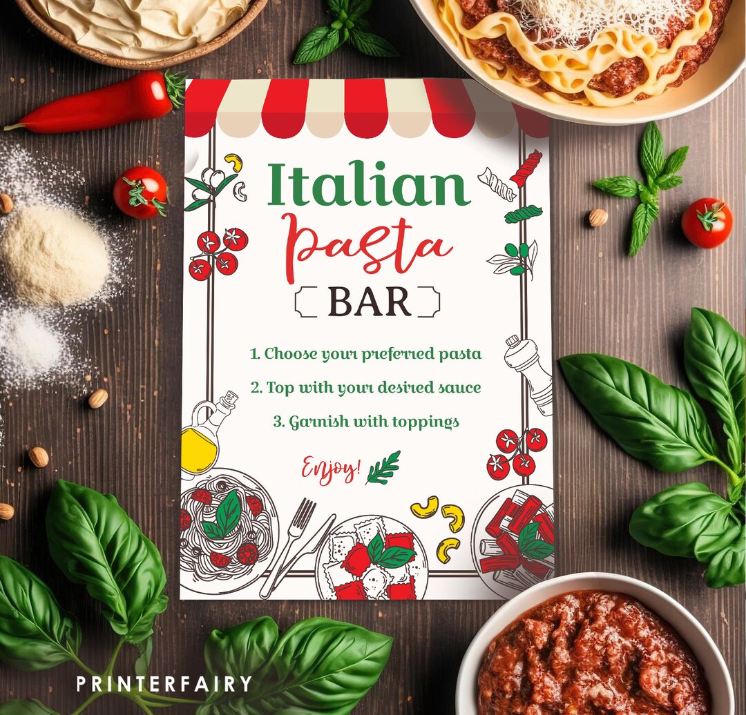 Italian Pasta Bar Sign, Trattoria Menu, Pizza Party Activities, Chef