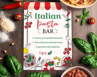 Italian Pasta Bar Sign, Trattoria Menu, Pizza Party Activities, Chef Birthday Party, Printable Decorations