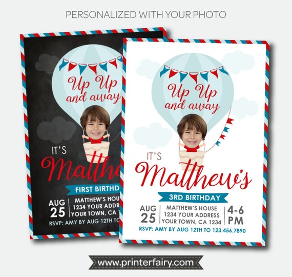 Hot Air Balloon Birthday Invitation with Photo, Travel Birthday Party, Adventure Begins, ANY AGE, Personalized Printable Invite, 2 Options Il_570xn