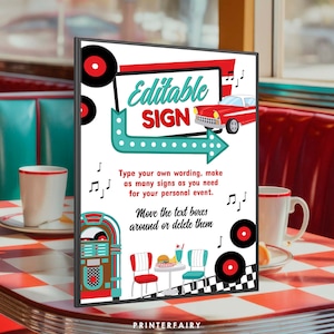Diner Sign, Editable, Sock Hop Decorations, Midcentury Sign, 1950&#39;s Soda Shop, 50&#39;s Theme Party, Fifties American Diner Theme Party, Retro