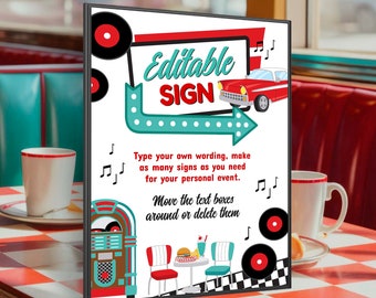 Diner Sign, Editable, Sock Hop Decorations, Midcentury Sign, 1950's Soda Shop, 50's Theme Party, Fifties American Diner Theme Party, Retro