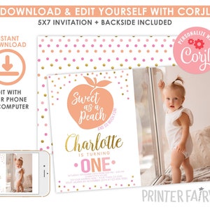 May include: A peach-themed first birthday invitation with a peach illustration and gold glitter confetti. The invitation says "Sweet as a Peach" and "Charlotte is turning one".