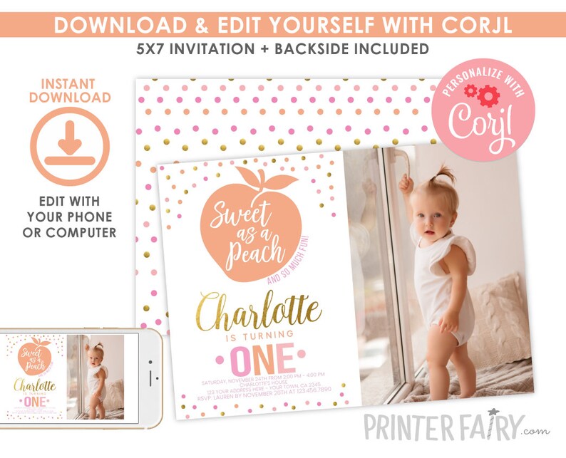 May include: A peach-themed first birthday invitation with a peach illustration and gold glitter confetti. The invitation says "Sweet as a Peach" and "Charlotte is turning one".