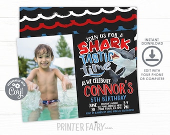 Shark Birthday Invitation with photo, EDITABLE, Shark Invitation, Pool Party, Shark Invite, Sharktastic Invitation, INSTANT DOWNLOAD