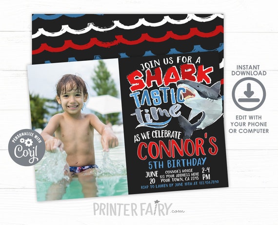 Shark Birthday Invitation with photo, EDITABLE, Shark Invitation, Pool Party, Shark Invite, Sharktastic Invitation, INSTANT DOWNLOAD Il_570xn