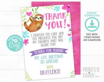 Sloth Thank You Cards, EDITABLE, Sloth Birthday Party, Sloth Thank You Notes, Bear Birthday, Jungle Birthday Party, INSTANT DOWNLOAD