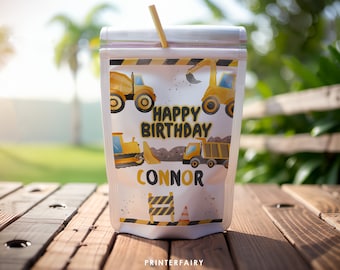 Under Construction Drink Labels: Birthday Boy or Girl Truck Party Pouches Sticker, Instant Download CapriSun Label Templates, Corjl Editable