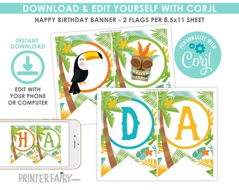 Luau Happy Birthday Banner, Printable Luau Banner, Personalized A-Z ...