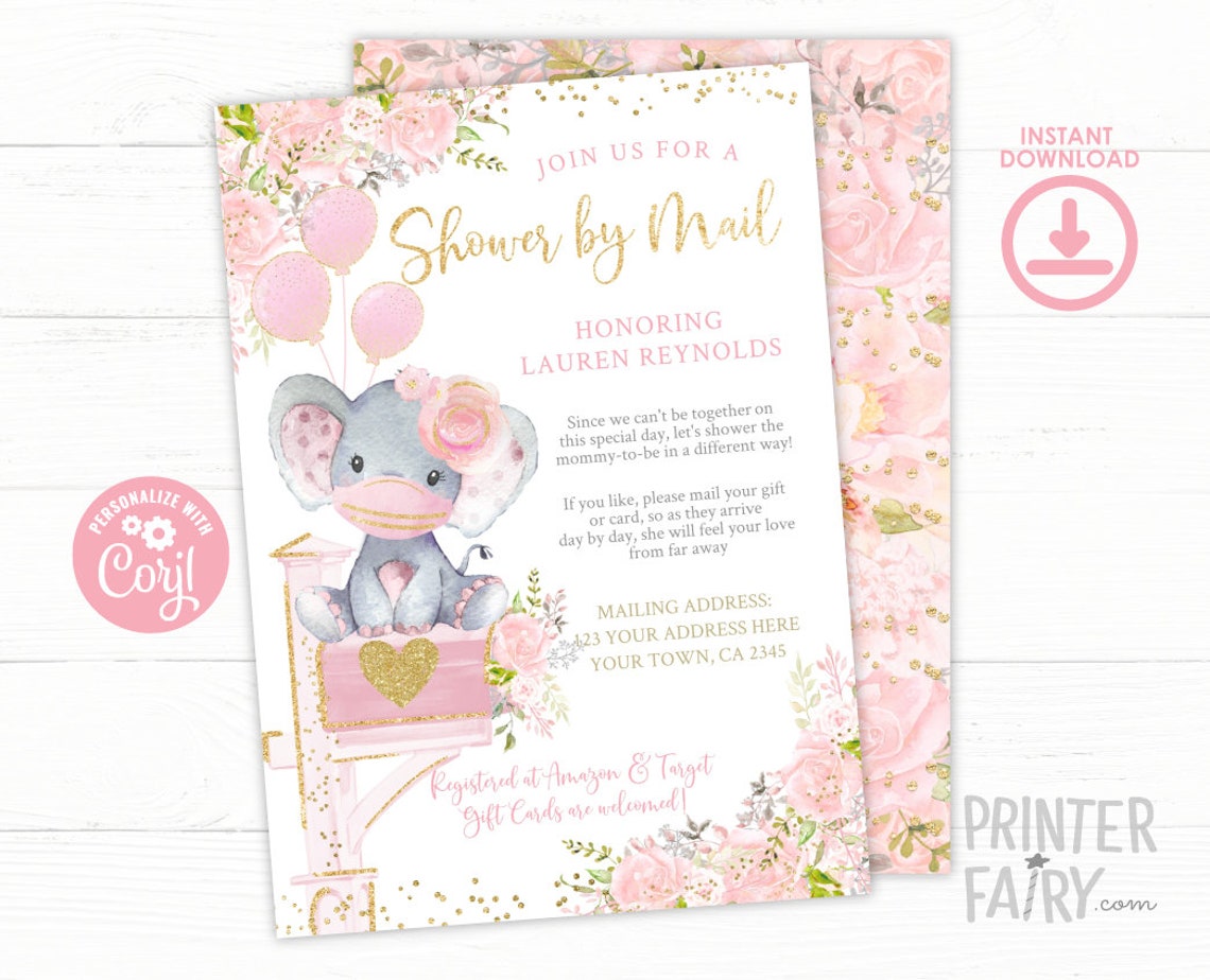 Baby Shower by Mail Invitation EDITABLE Elephant Baby Shower Etsy