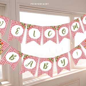 Banner babyshower aardbei, bewerkbaar, decoratie verjaardagsfeestje aardbei, babyshower meisje, babyshower aardbei, banner aardbei