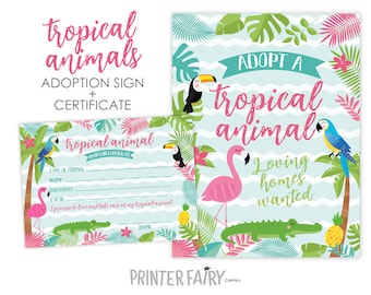 Adopt a Tropical Animal, Pet Adoption Party, Adoption Certificate, Luau Birthday Sign, Summer Party, Digital Printables, INSTANT DOWNLOAD